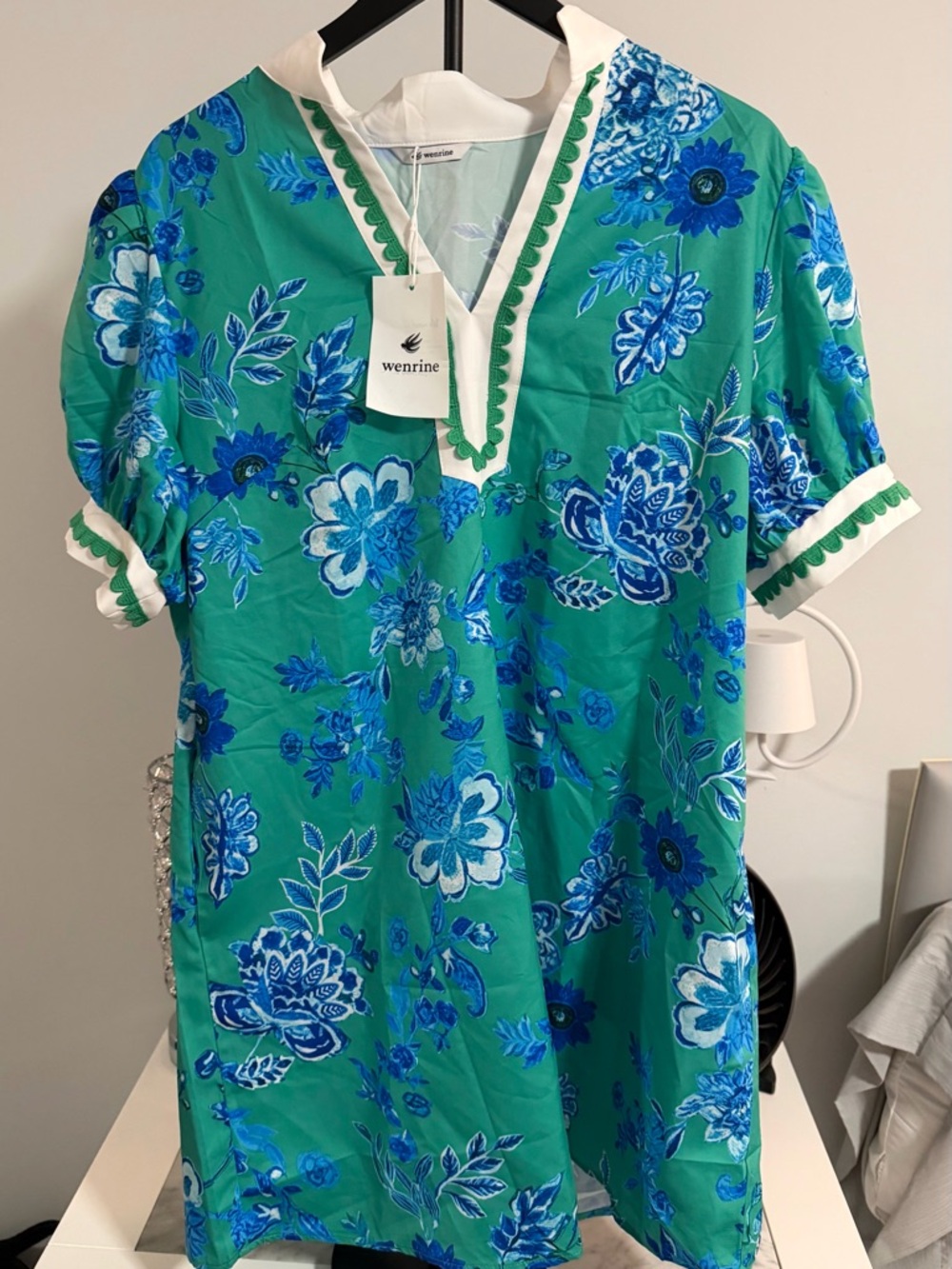 Wenrine Green Floral Midi Dress with Blue Floral Print